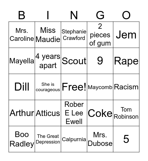 To Kill A Mockingbird Bingo Card