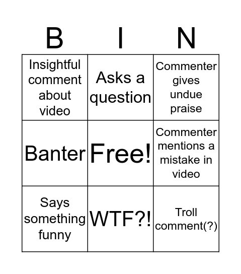 Comment Bingo Card