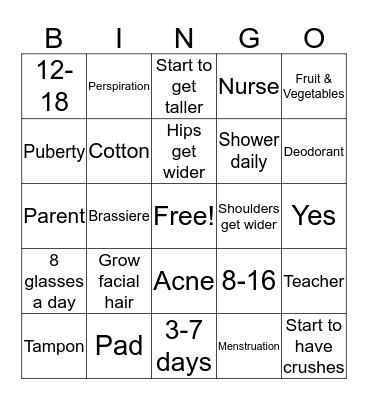 Puberty Bingo! Bingo Card