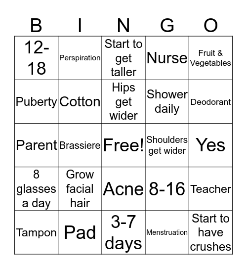 Puberty Bingo! Bingo Card