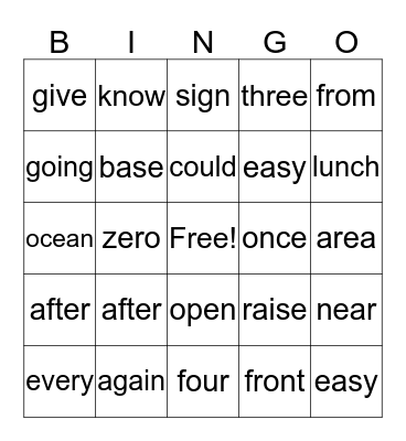 Spelling Words Bingo Card