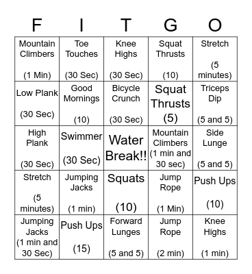 Fitness Bingo!  Bingo Card