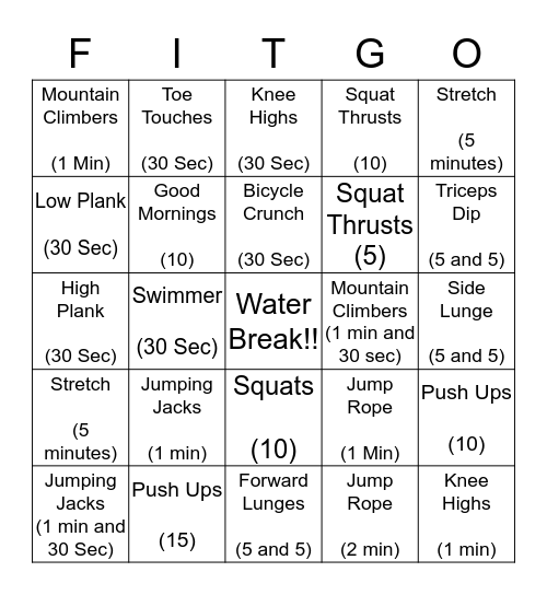 Fitness Bingo!  Bingo Card