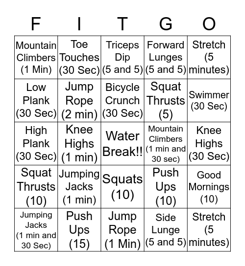 Fitness Bingo!  Bingo Card