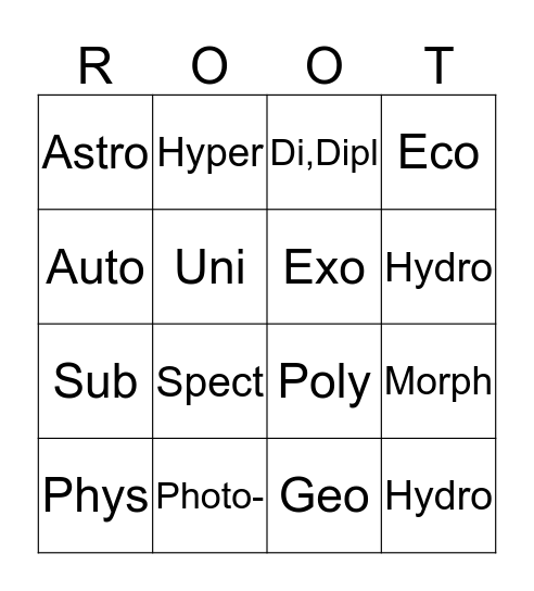 Root Word Bingo Card