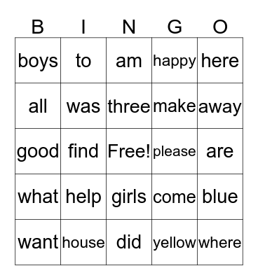 Colonel Time Sight Words Bingo Card