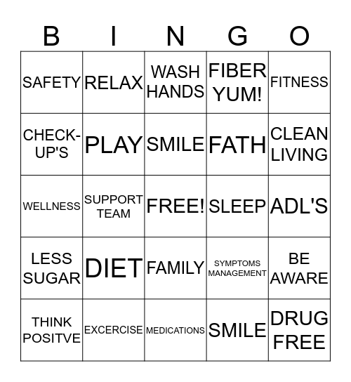 Healthy Lives Bingo Card