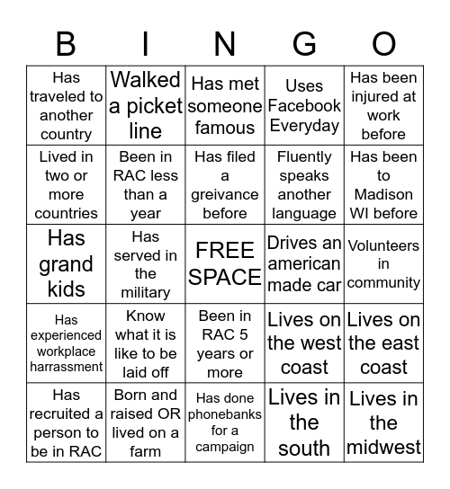 RAC Bingo Card