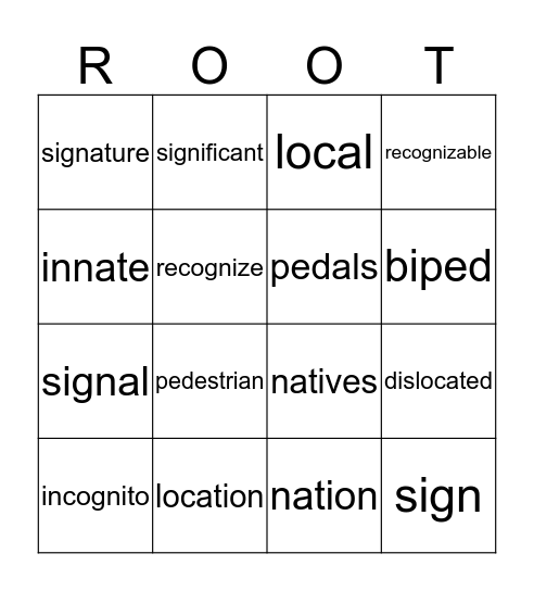 Roots Unit 2 Bingo Card