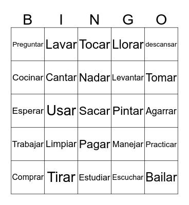 AR Verbs Bingo Card