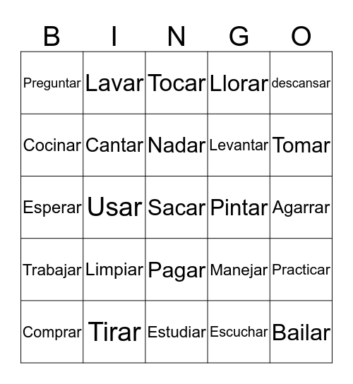 AR Verbs Bingo Card