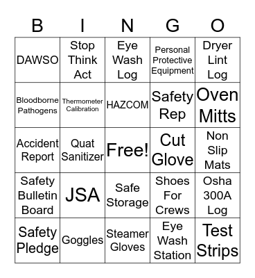 Safety Bingo Card