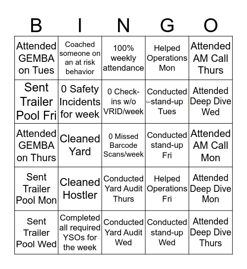 TOM BINGO M-F 1st Shift Bingo Card