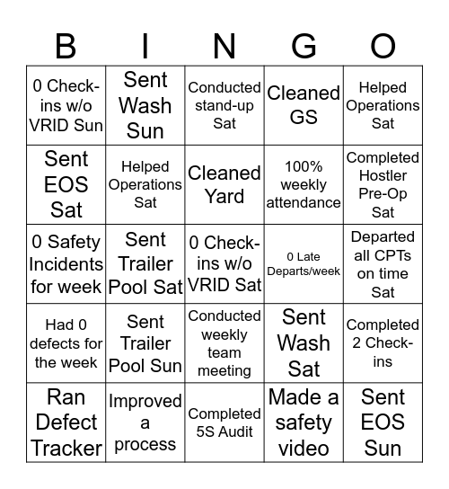 TOM BINGO Weekend Shift Bingo Card