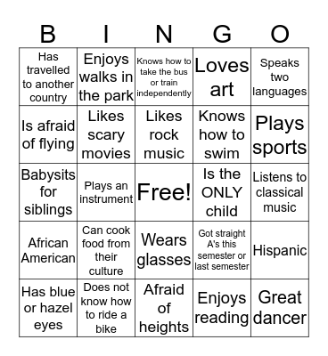 GETTING TO KNOW YOU Bingo Card