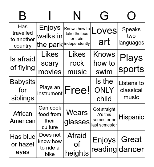 GETTING TO KNOW YOU Bingo Card