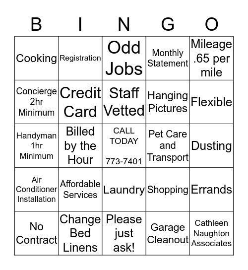 HOME CONCIERGE & HANDYMAN SERVICES Bingo Card
