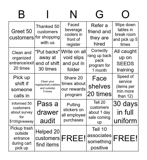 Cashier Bingo!! Bingo Card