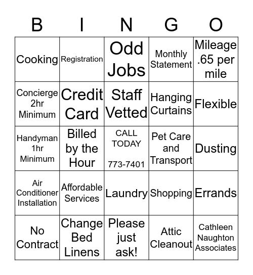 HOME CONCIERGE & HANDYMAN SERVICES Bingo Card