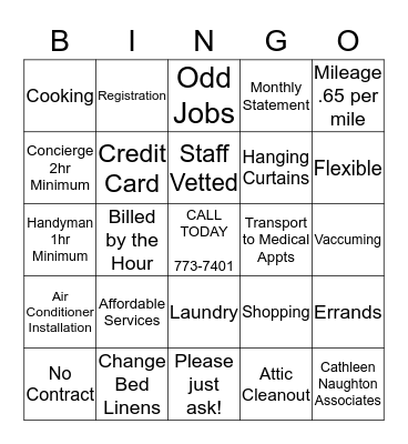 HOME CONCIERGE & HANDYMAN SERVICES Bingo Card