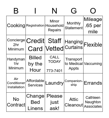 HOME CONCIERGE & HANDYMAN SERVICES Bingo Card