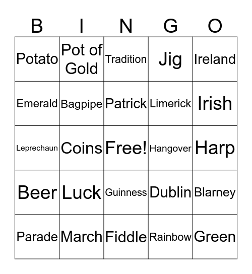 St Patrick's Day Bingo Card