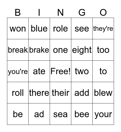 Homophones Bingo Card