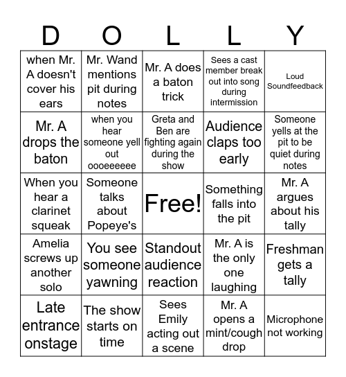 Hello Dolly! Pit Bingo Card