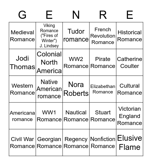 Historical Romance Bingo Card