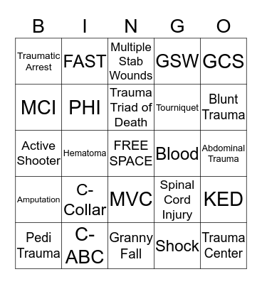 TRAUMA BINGO Card