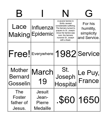 St. Joseph's Celebration  Bingo Card