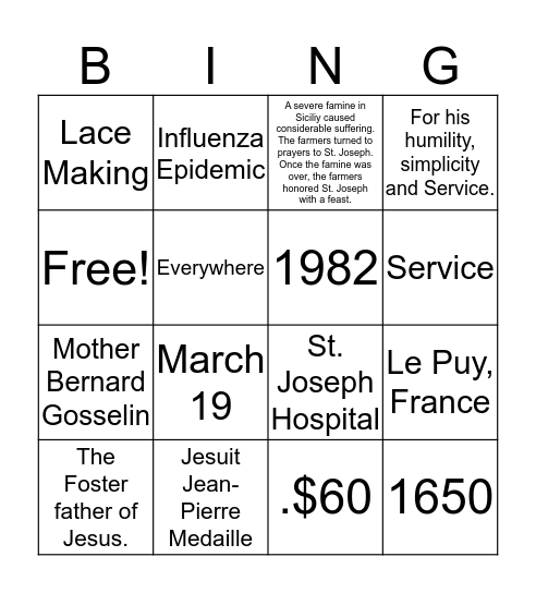 St. Joseph's Celebration  Bingo Card