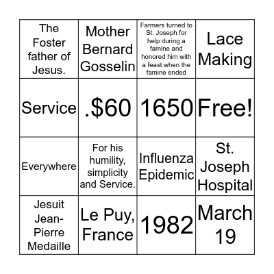 St. Joseph's Celebration  Bingo Card