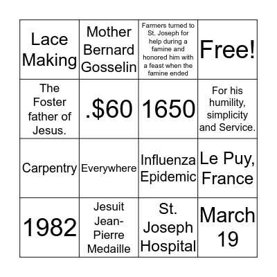 St. Joseph's Celebration  Bingo Card