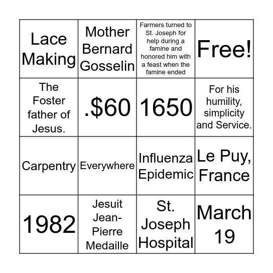 St. Joseph's Celebration  Bingo Card