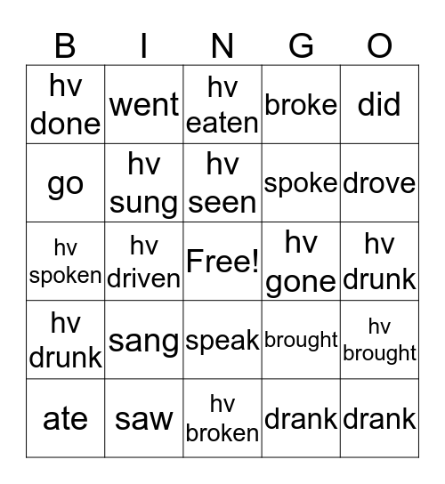 Irregular Verbs 1 Bingo Card