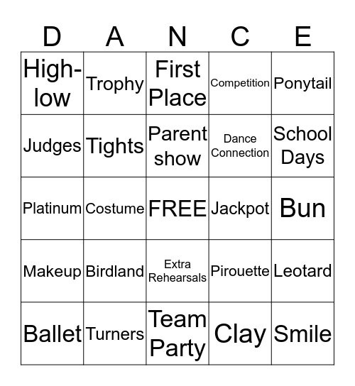 Pirouette Bingo Card