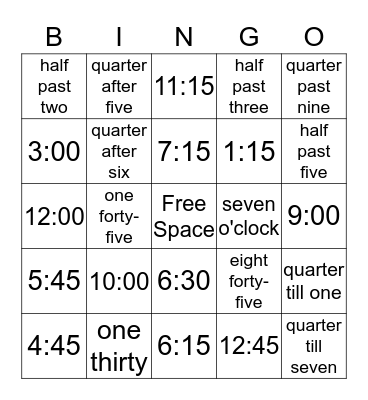 Telling Time Bingo Card