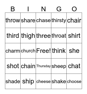 SH- CH- TH Sounds Bingo Card