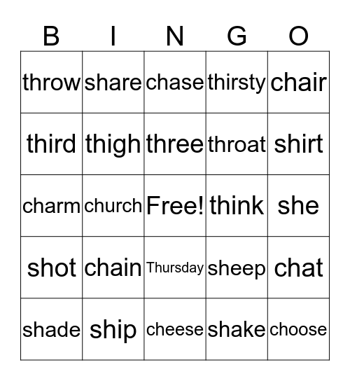 SH- CH- TH Sounds Bingo Card