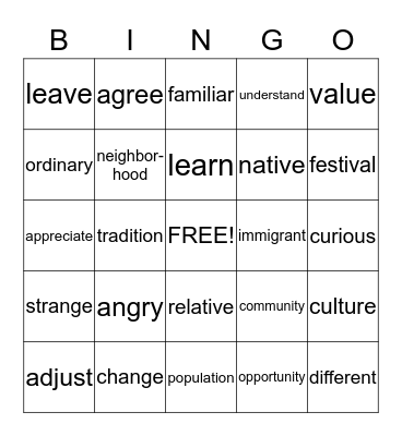 Unit 1 Vocabulary Bingo Card