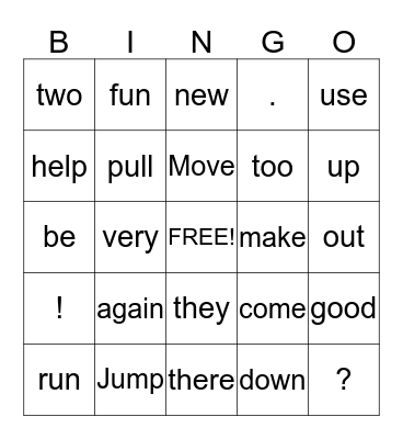 High- Frequency Words/ punctuations  Bingo Card