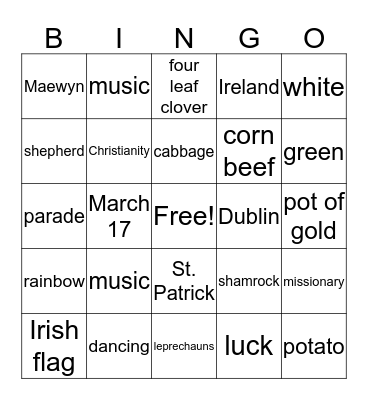 St. Patrick's Day Bingo Card