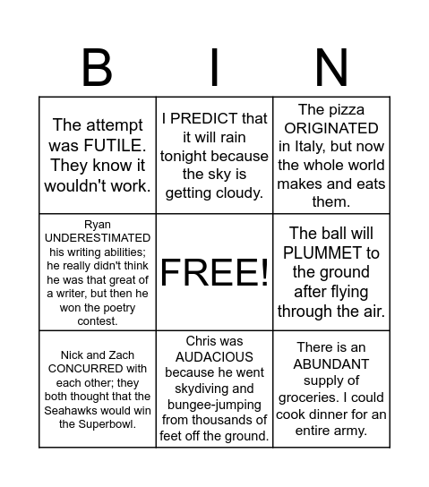 Context Clues Bingo Card