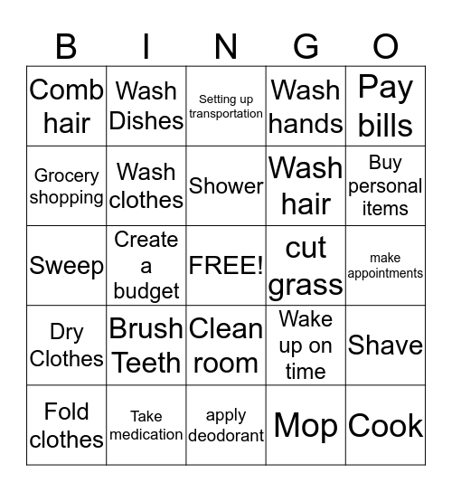 Activities of Daily Living Bingo Card