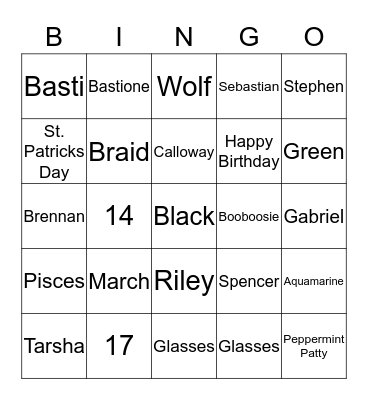 Sebastian's Birthday Bingo Card