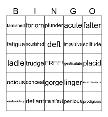 Indian Captive Vocabulary Bingo Card