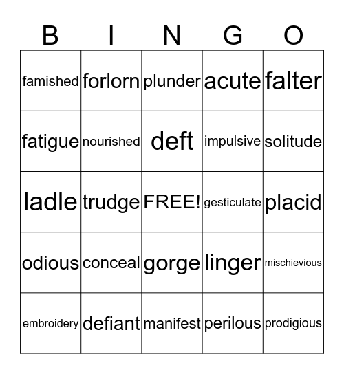 Indian Captive Vocabulary Bingo Card