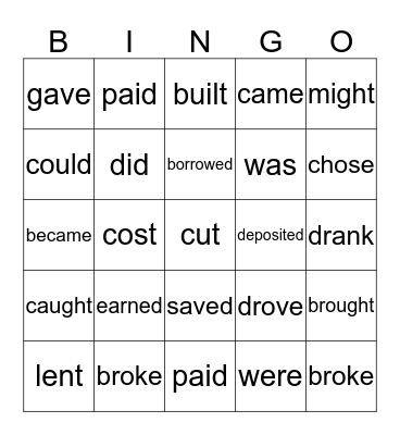 Past Tense Verbs Bingo Card
