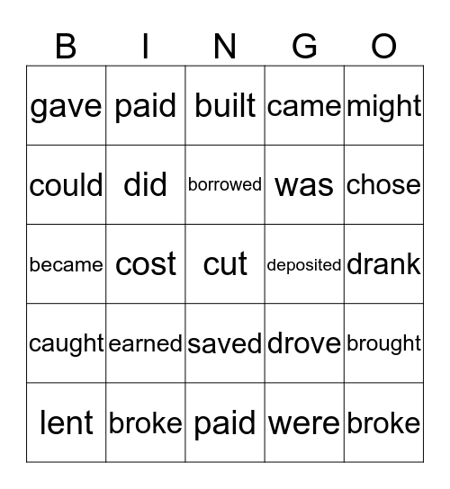 Past Tense Verbs Bingo Card
